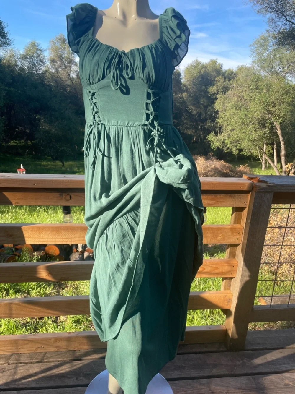 Trixxi Sage Green CottageCore Maxi Dress with Corset Tie and Ruffle Sleeves - Picture 3 of 11